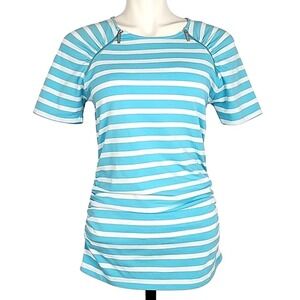 Michael Michael Kors Blue White Striped Ruched Zippers Neck Cotton Top Sz Medium